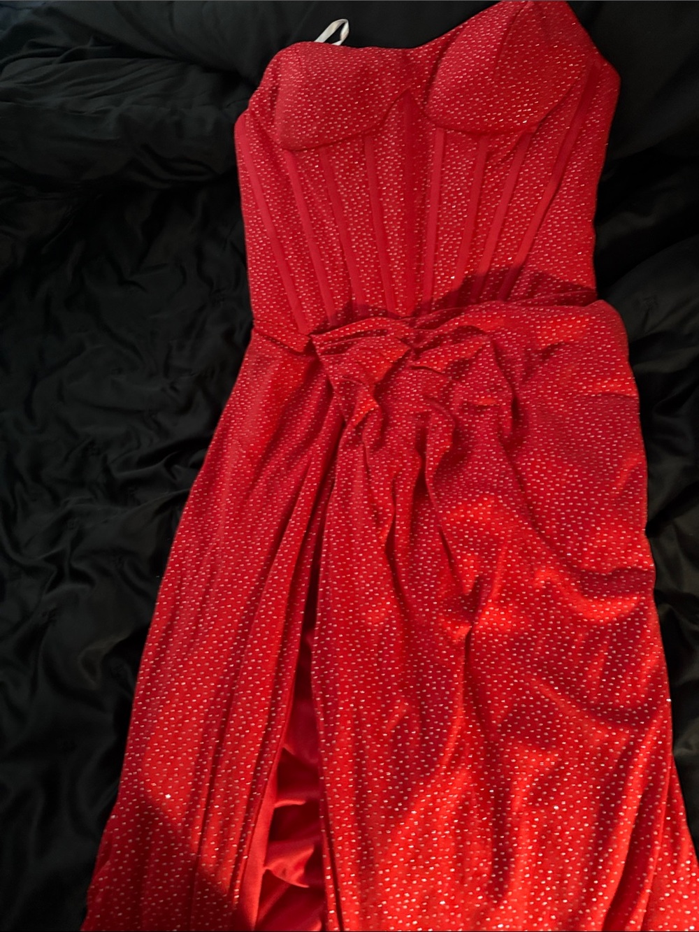Red Strapless Rhinestone Prom Gown